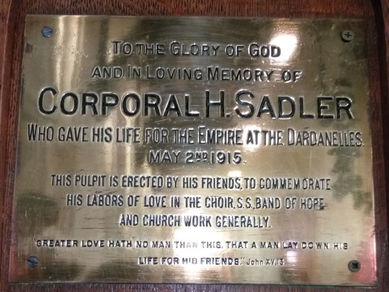 Corporal H Sadler Memorial plaque