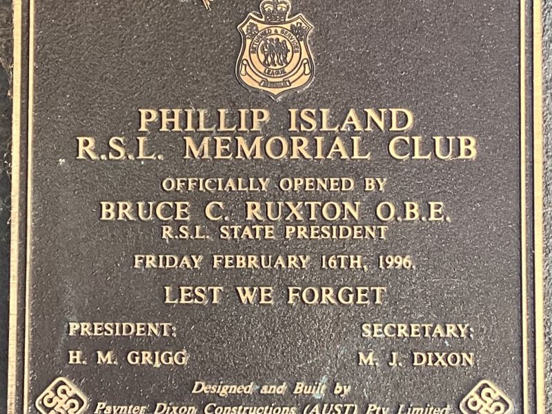 Phillip Island RSL Memorial club Plaque