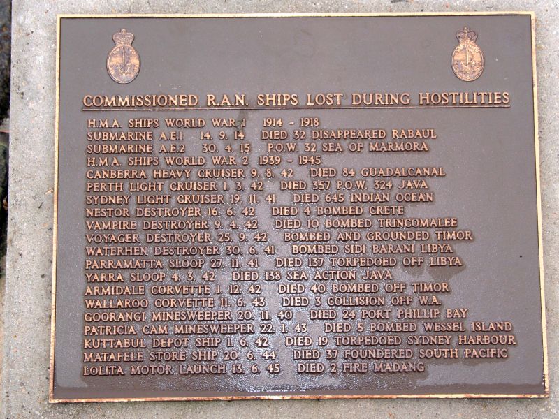 RAN Commissioned Ships Lost During World Wars I and II Hostilities Memorial Plaque 