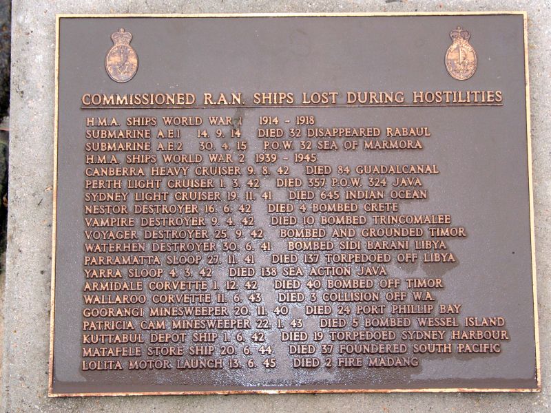 RAN Commissioned Ships Lost During World Wars I and II Hostilities Memorial Plaque 