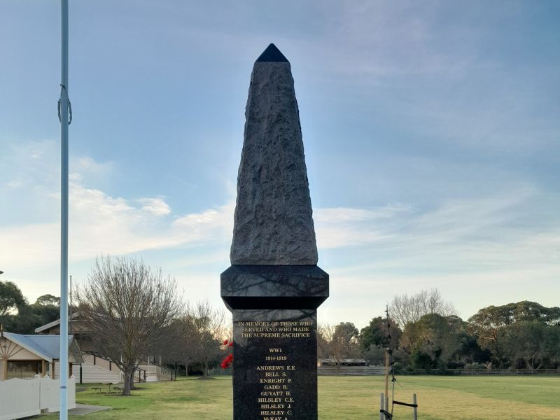 Toongabbie (Victoria) Cenotaph with wreaths laid respectfully at base after the official dedication ceremony