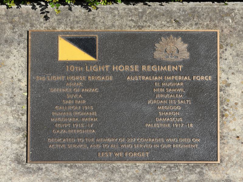 The plaque for 10th Australian Light Horse Regiment