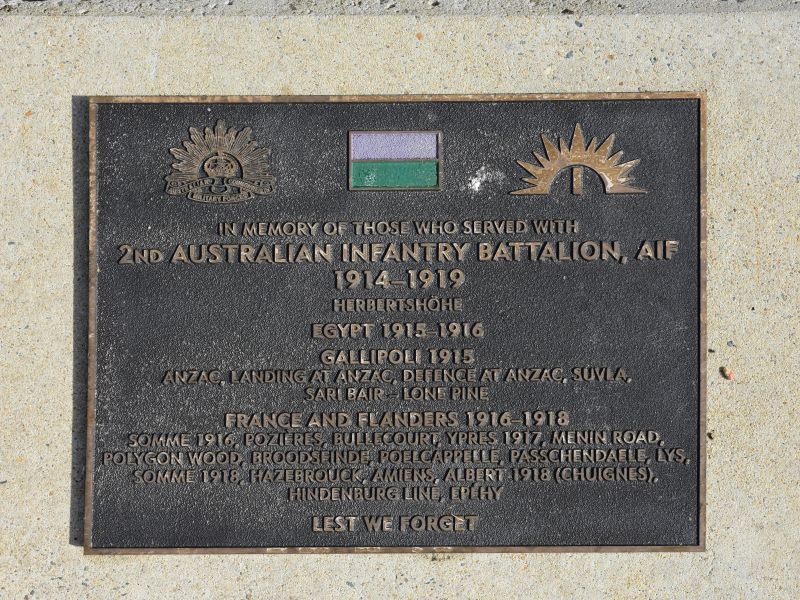 The plaque commemorating the 2nd Australian Infantry Battalion of the First World War