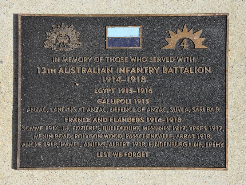 The plaque commemorating the 13th Australian Infantry Battalion of the First World War