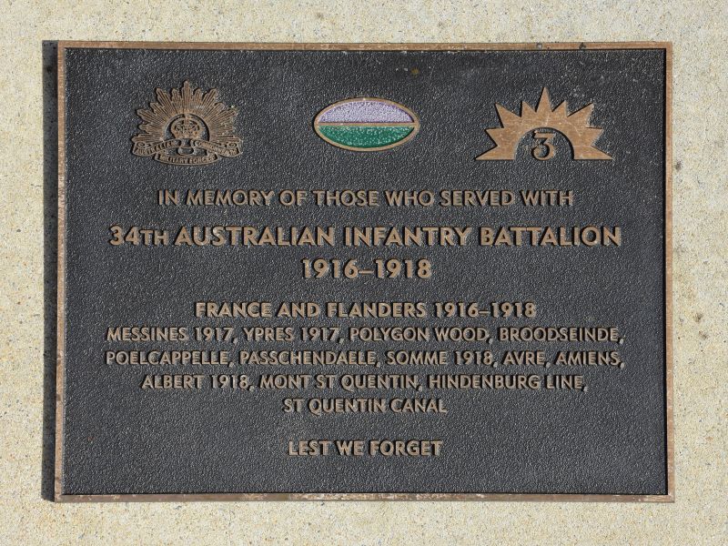 The plaque commemorating the 34th Australian Infantry Battalion of the First World War