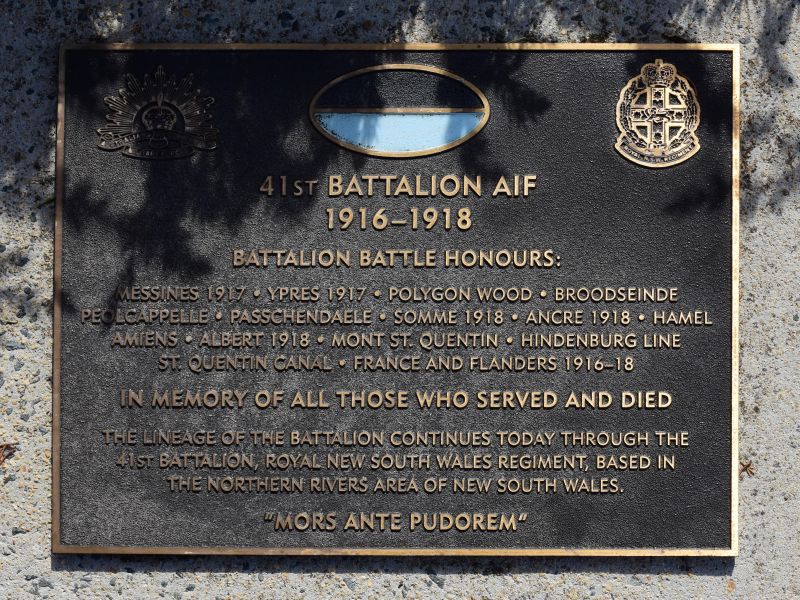 The plaque commemorating the 41st Australian Infantry Battalion of the First World War