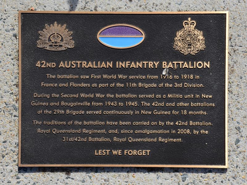 The plaque commemorating the 42nd Australian Infantry Battalion of the First World War