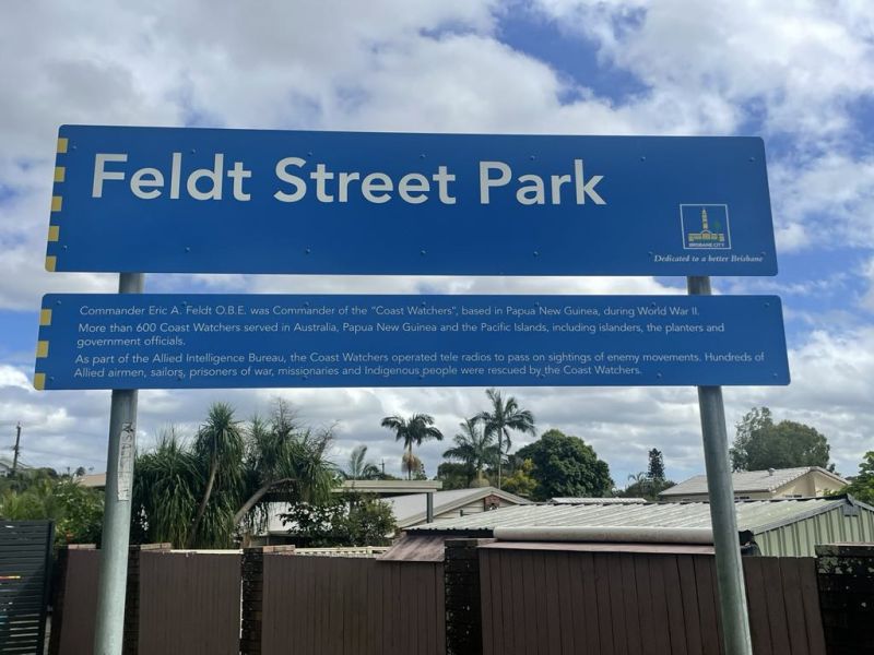 Feldt Street Park information panel on the War service of Eric Feldt