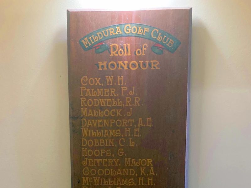 Mildura Golf Club World War I Roll of Honour Board