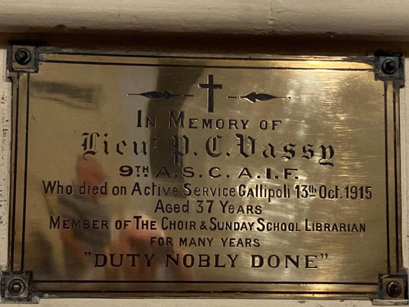 Lieutenant P. C. Vassy, AIF Memorial Plaque Located in Christ Church St Kilda, Victoria