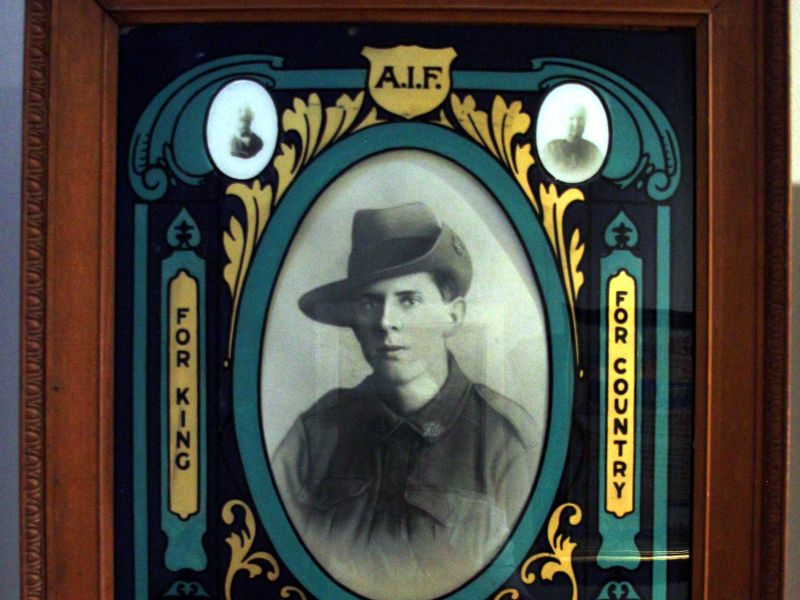 Private R Boss AIF (14th Battalion) Framed Photograph and Service History Display Located in the Great Cobar Museum 