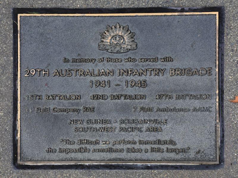 The plaque commemorating the 29th Australian Infantry Brigade