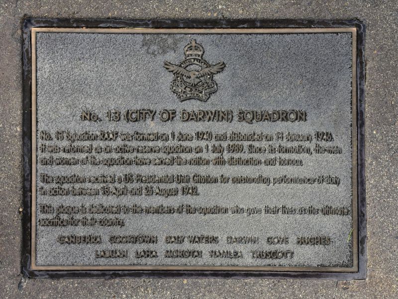 The plaque commemorating No. 13 (City of Darwin) Squadron RAAF