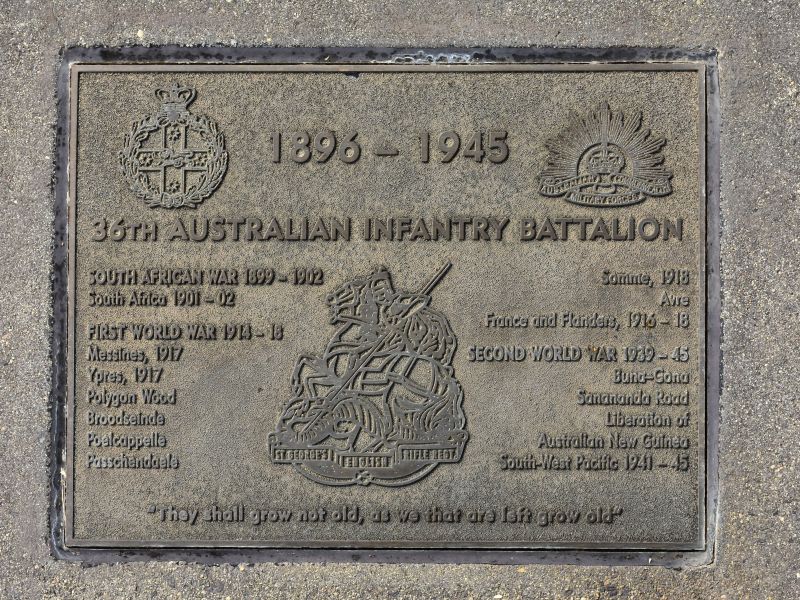 The plaque commemorating the 36th Australian Infantry Battalion