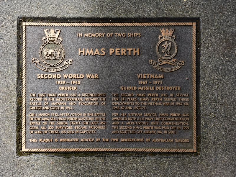 The plaque commemorating the two ships commissioned into the RAN as HMAS Perth