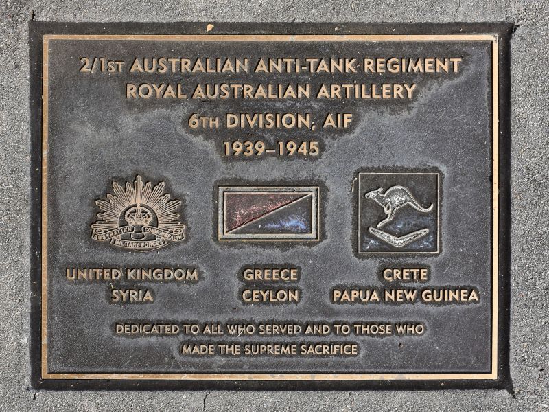 The plaque commemorating the 2/1st Australian Anti-tank Regiment of the Second World War