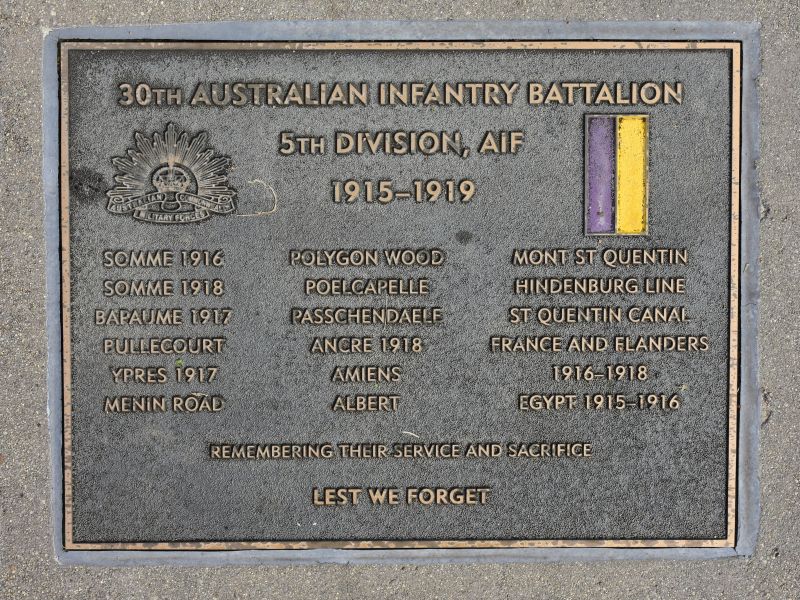 The plaque commemorating the 30th Australian Infantry Battalion of the First World War