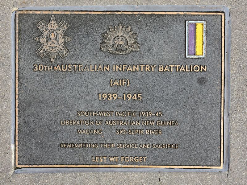 The plaque commemorating the 30th Australian Infantry Battalion of the Second World War