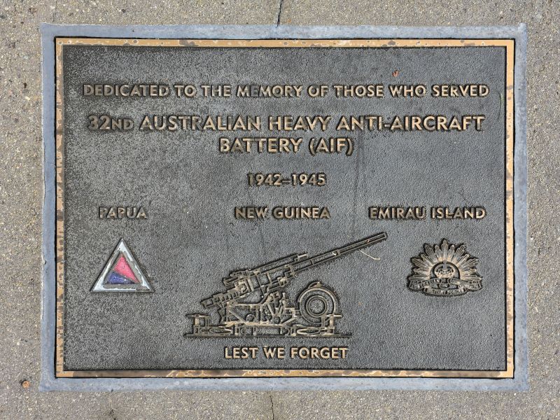 The plaque commemorating the 32nd Australian Heavy Anti-Aircraft Battery