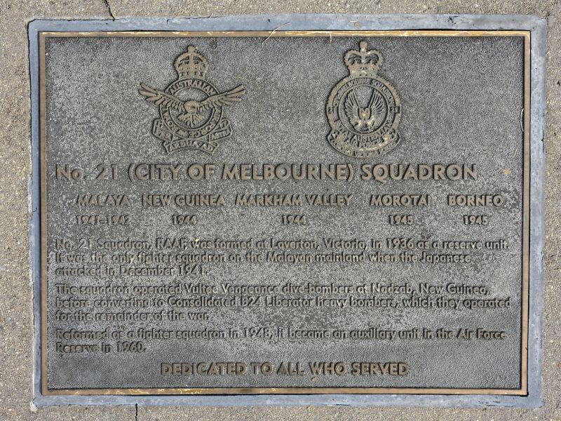 The plaque commemorating No 21 (City of Melbourne) Squadron RAAF of the Second World War