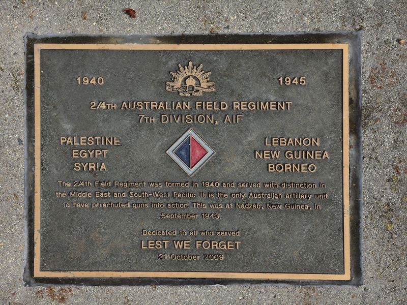 The plaque commemorating the 2/4th Australian Field Regiment of the Second World War
