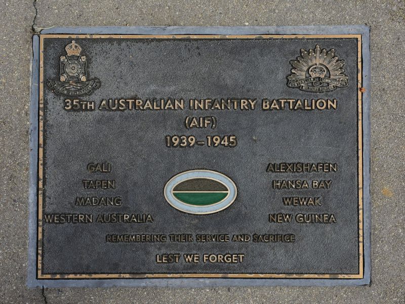 The plaque commemorating the 35th Australian Infantry Battalion of the Second World War