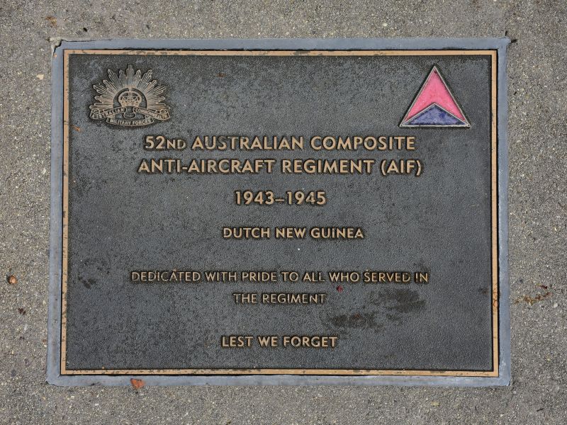 The plaque commemorating the 52nd Australian Composite Anti-Aircraft Regiment of the Second World War