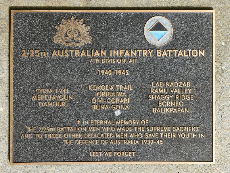 The plaque commemorating the 2/25th Australian Infantry Battalion of the Second World War
