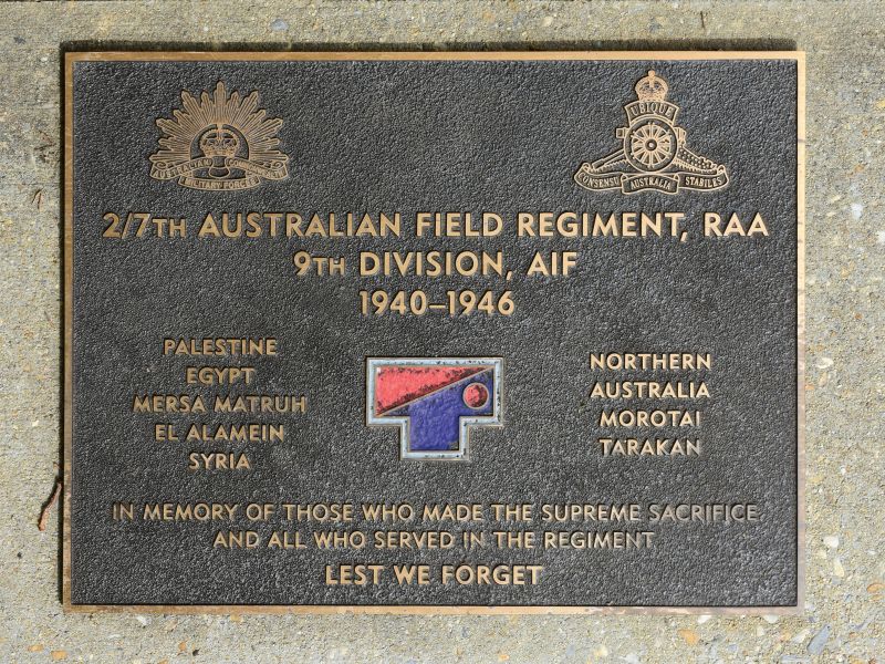 The plaque commemorating the 2/7th Australian Field Regiment RAA of the Second World War