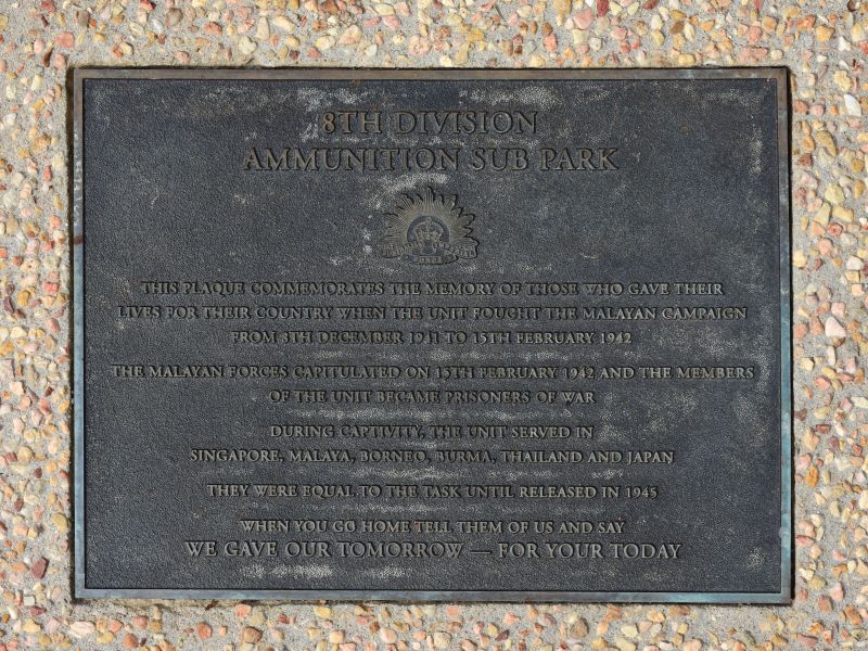 The plaque commemorating the 8th Division Ammunition Sub Park of the Second World War
