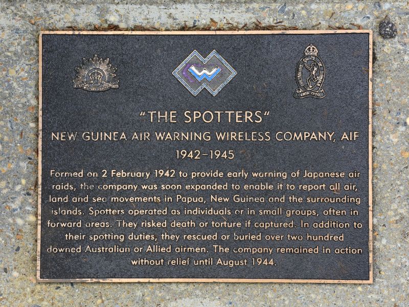 The plaque commemorating 'The Spotters', New Guinea Air Warning Wireless Company of the Second World War
