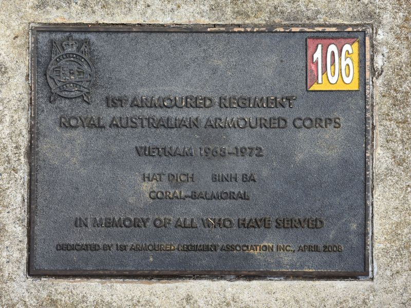 The plaque commemorating the 1st Armoured Regiment, Royal Australian Armoured Corps