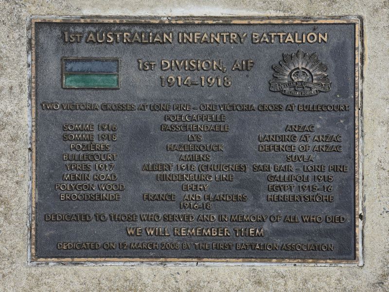 The plaque commemorating the 1st Australian Infantry Battalion of the First World War