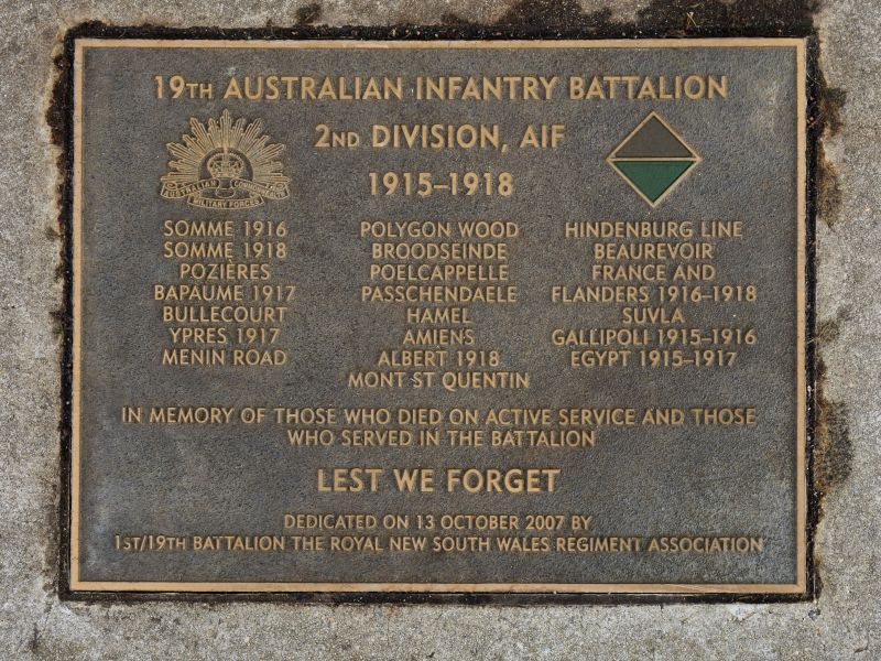 The plaque commemorating the 19th Australian Infantry Battalion of the First World War