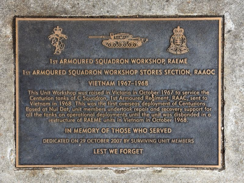 The plaque commemorating the 1st Armoured Squadron Workshop RAEME and 1st Armoured Squadron Workshop Stores Section RAAOC