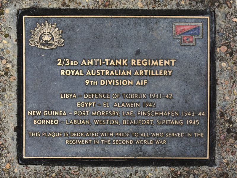 The plaque commemorating the 2/3rd Anti-Tank Regiment RAA of the Second World War