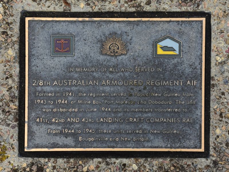 The plaque commemorating the 2/8th Australian Armoured Regiment of the Second World War