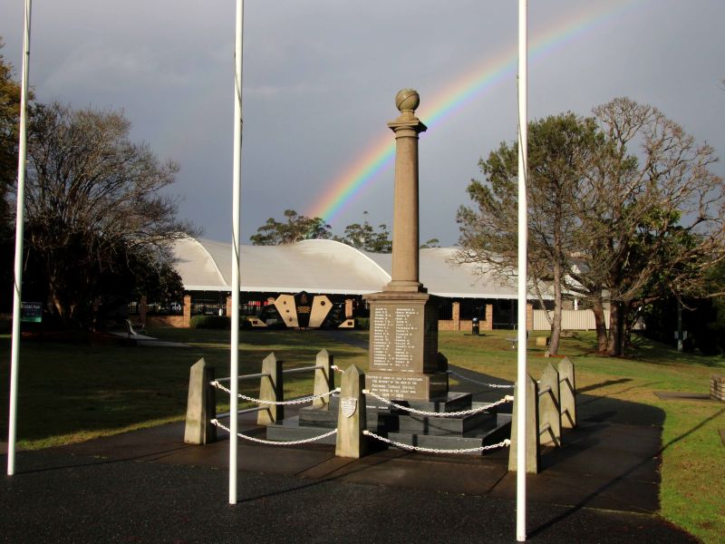 Raymond Terrace Anzac Park with War Memorial Cenotaph in the foreground and Commemorative Stone in the Background