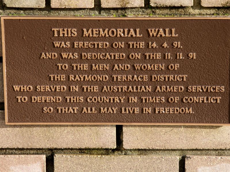 Raymond Terrace War Anzac Park Memorial Wall Dedication Plaque