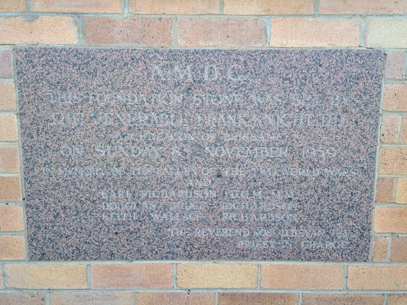 The Christ's Church St George Foundation stone reads as follows:-  A.M.D.G. This Foundation stone was set by The Venerable Frank Knight ThL. Archdeacon of Brisbane on Sunday 8th November 1959 In memory of the fallen of the two world wars and Earl Richardson D.C.M., M.M. Douglas Bruce Richardson Keith Wallace Richardson The Rev Noel Bevan ThL. Priest in Charge.