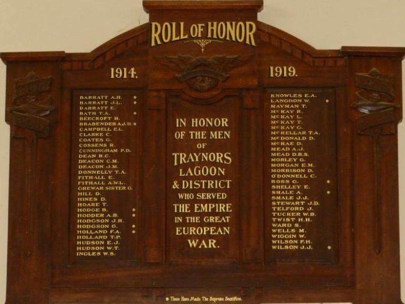 Traynors Lagoon Honour Roll WW1