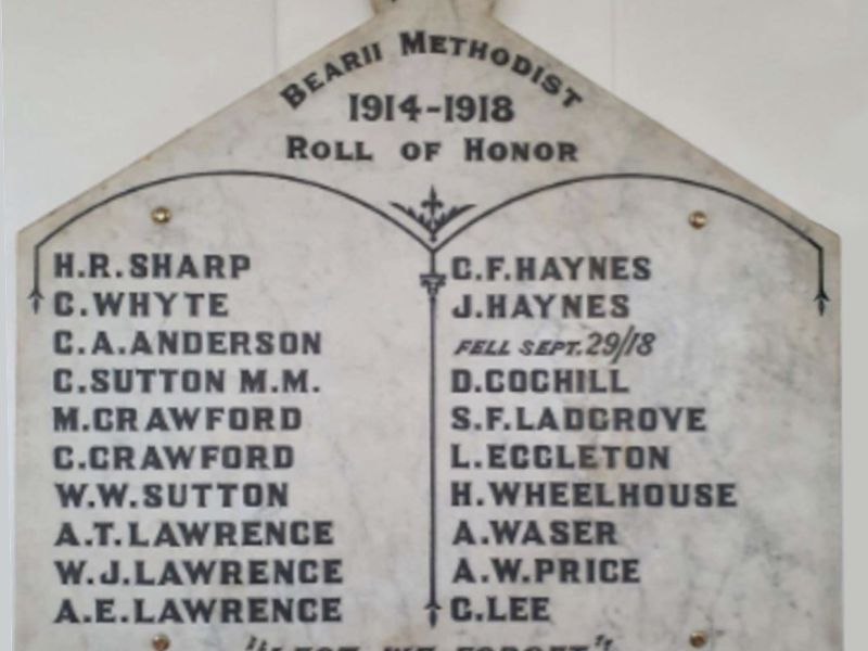 Bearii Methodist First World War Roll of Honor, now in the Strathmerton Public Hall