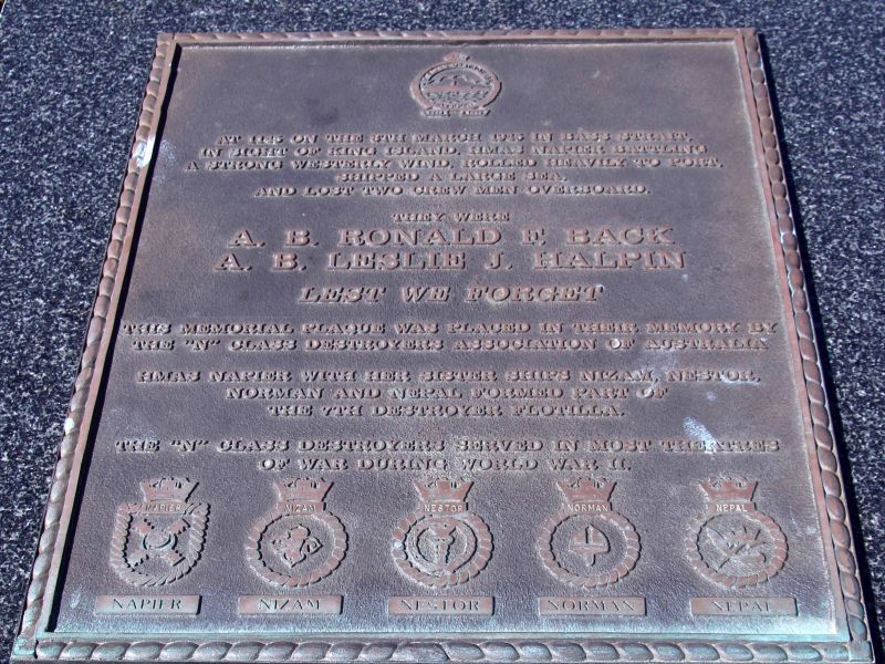 Able Seamen Ronald F Back and Leslie J Halpin (HMAS Napier) Memorial Plaque at Ocean View Lookout, Queenscliff, Victoria 