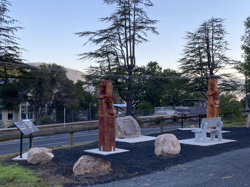 Wood carvings and information boards of the Corryong and District Avenue of Honour Memorial