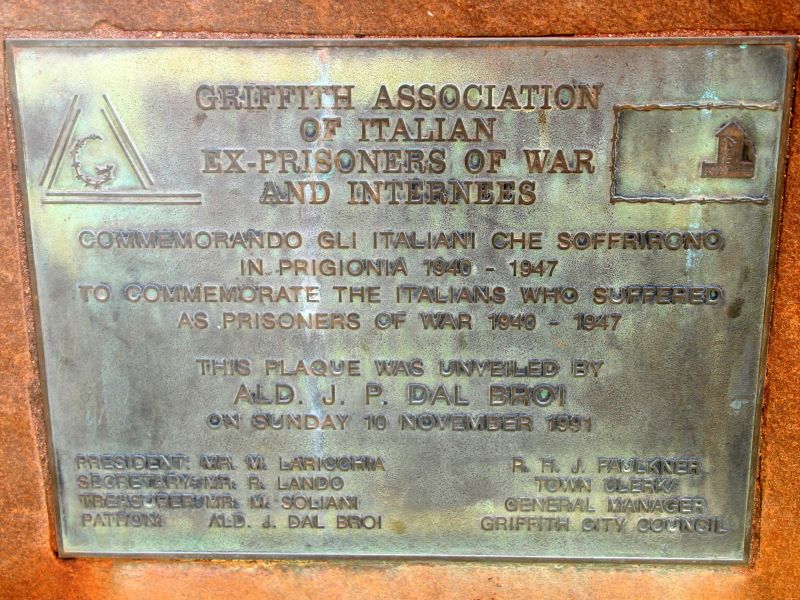 Griffith Association of Italian Ex-Prisoners of War and Internees Memorial Plaque Located in the Memorial Garden