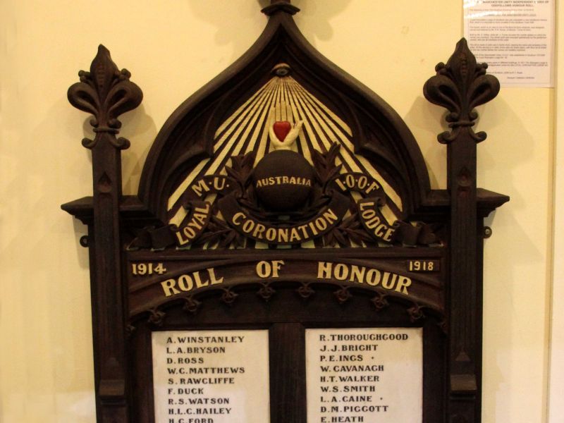 Goulburn Manchester Unity Independent Order of Oddfellows World War I Honour Roll Located in the Rocky Hill War Memorial Museum