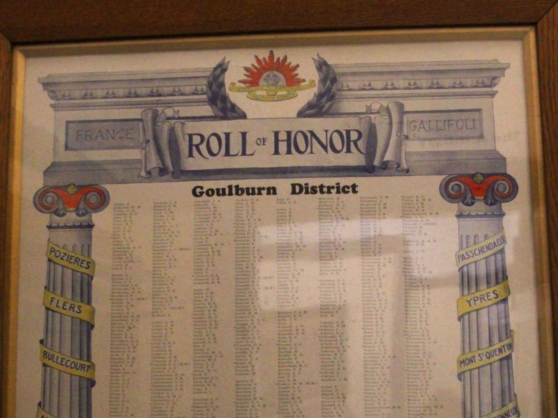 Goulburn District World War I Honour Roll Located in the Rocky Hill War Memorial Museum