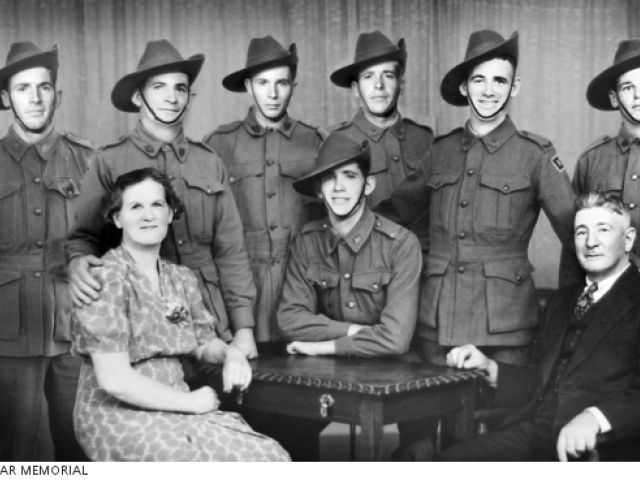 A composite picture of Mary Hutchins and her husband Henry and their seven sons who enlisted during the Second World War. Back row, left to right: David, Malcolm, Eric, Fred, William and Ivan. Front row, left to right: Mary, Alan and Henry. 