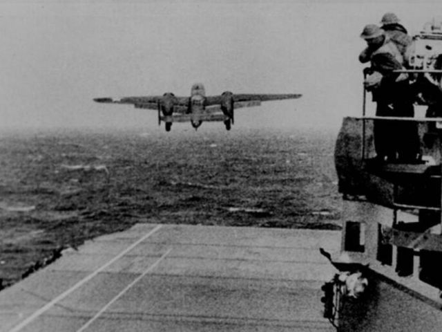 A B-25 Mitchell takes off from the aircraft carrier Hornet for the Doolittle Raid of Japan, April 18, 1942. ICourtesy of Wright-Patterson Air Force Base, Ohio)