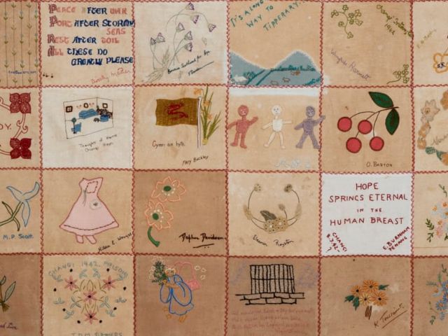 Detail from the quilt made by women in Changi prison and given to the Red Cross during the second world war